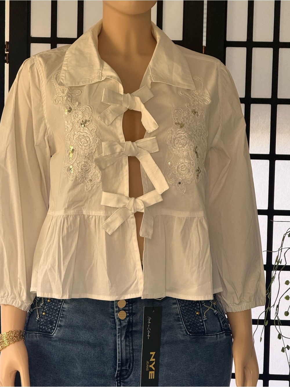 White Tie-Front Embroidered Women's Top